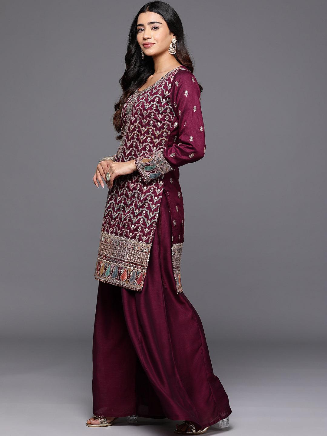 Libas Art Maroon Embroidered Silk Blend Straight Suit With Dupatta