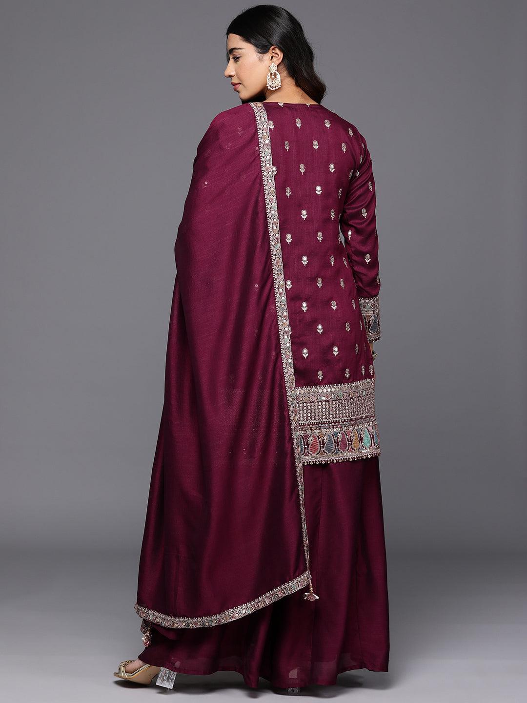 Libas Art Maroon Embroidered Silk Blend Straight Suit With Dupatta