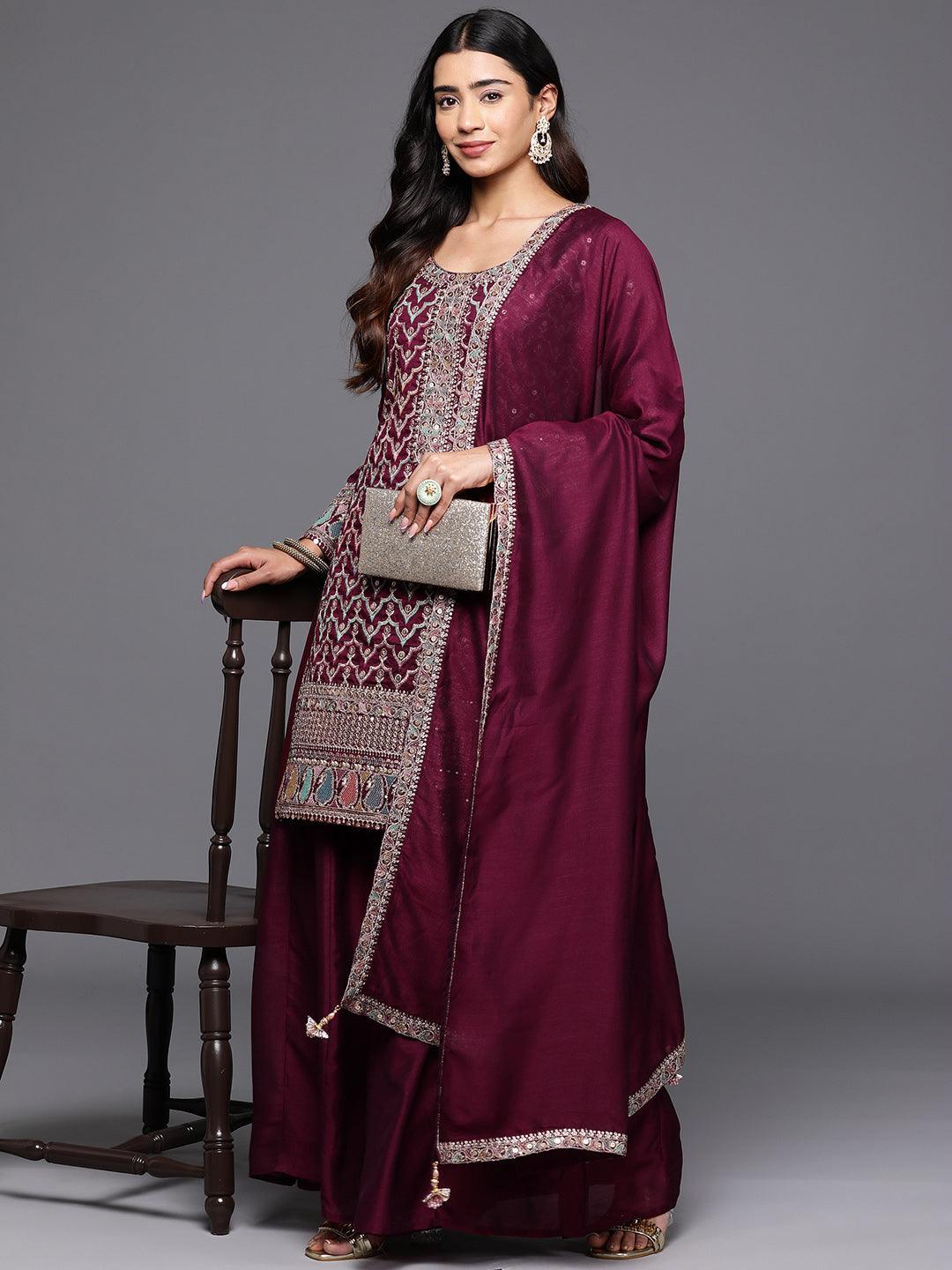 Libas Art Maroon Embroidered Silk Blend Straight Suit With Dupatta