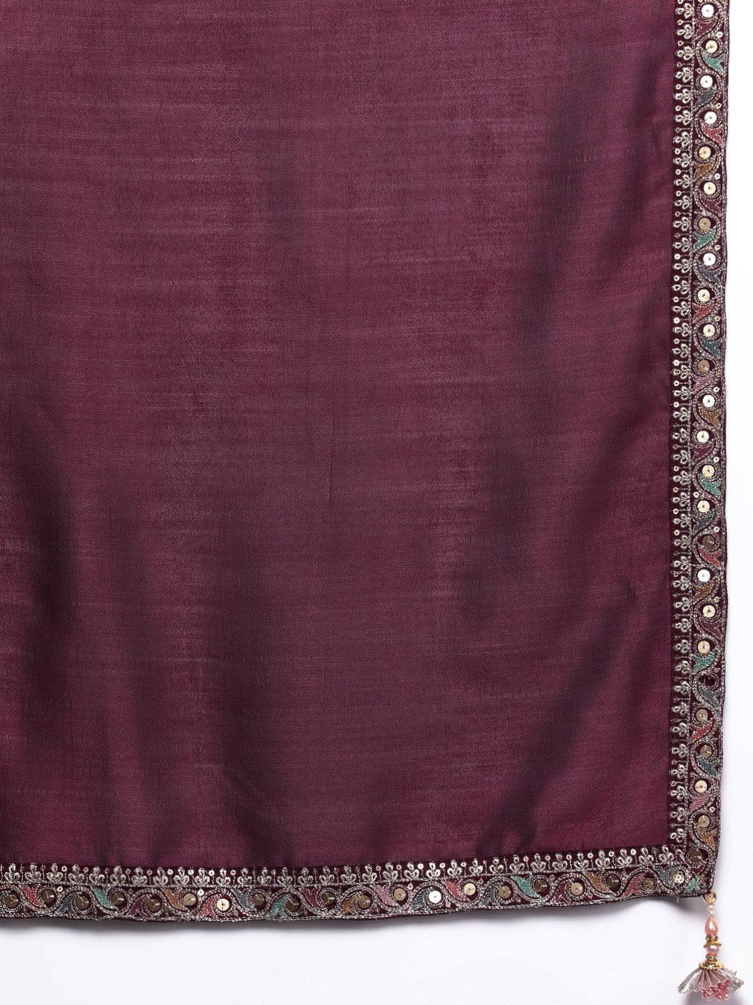 Libas Art Maroon Embroidered Silk Blend Straight Suit With Dupatta