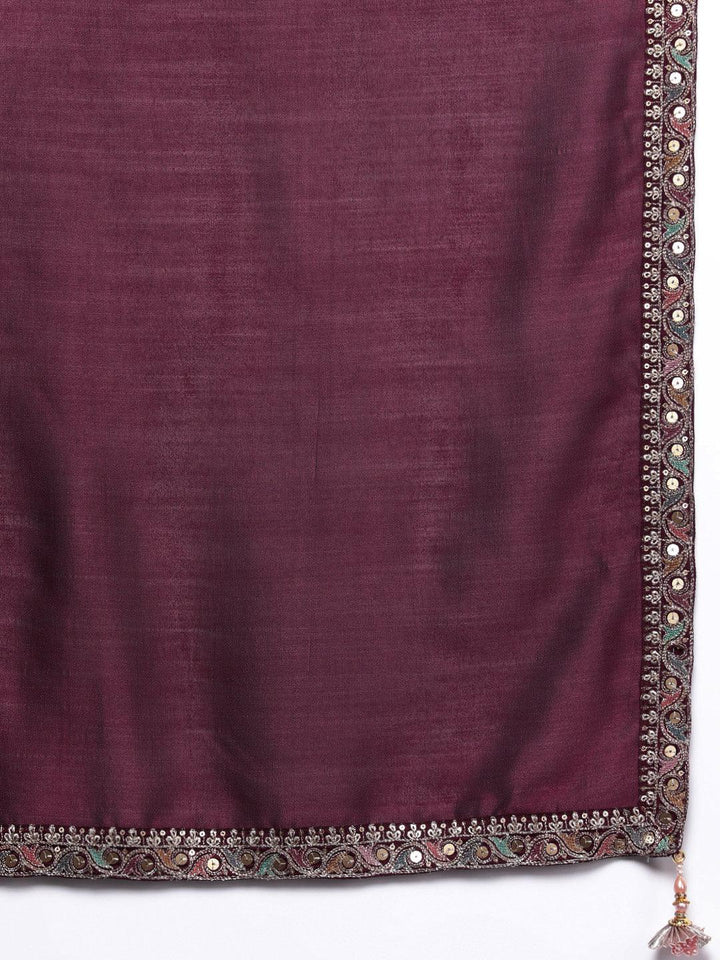 Libas Art Maroon Embroidered Silk Blend Straight Kurta With Palazzos & Dupatta - ShopLibas