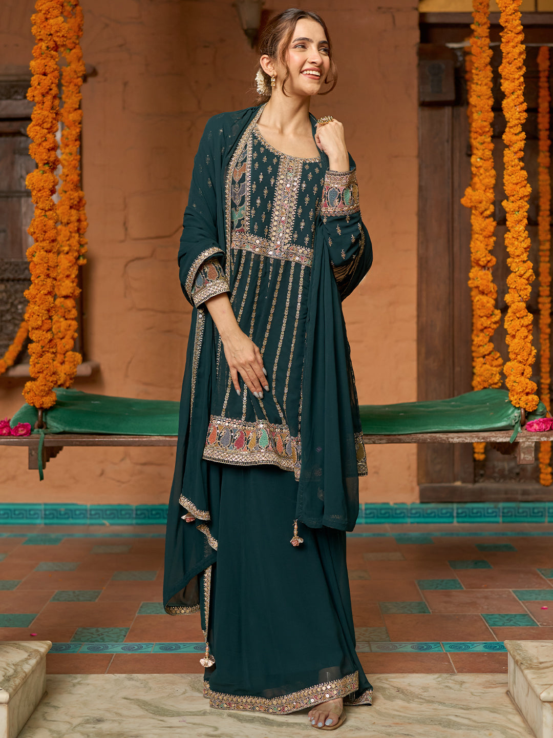 Libas Art Green Embroidered Georgette Anarkali Suit With Dupatta