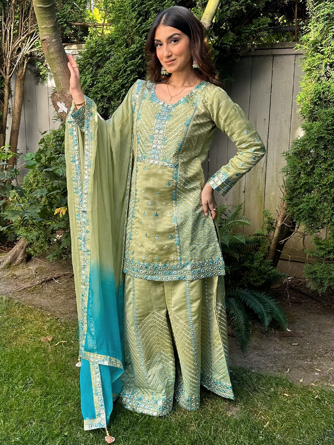 Libas Art Green Embroidered Silk Blend Straight Suit With Dupatta