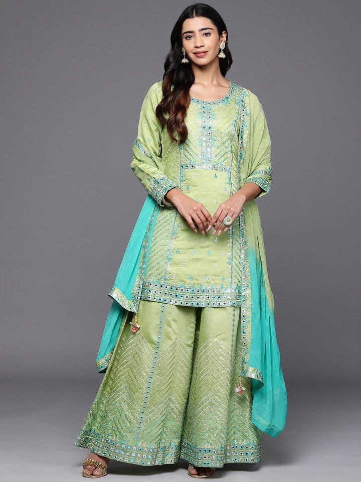 Libas Art Green Embroidered Silk Blend Straight Kurta With Palazzos & Dupatta - ShopLibas