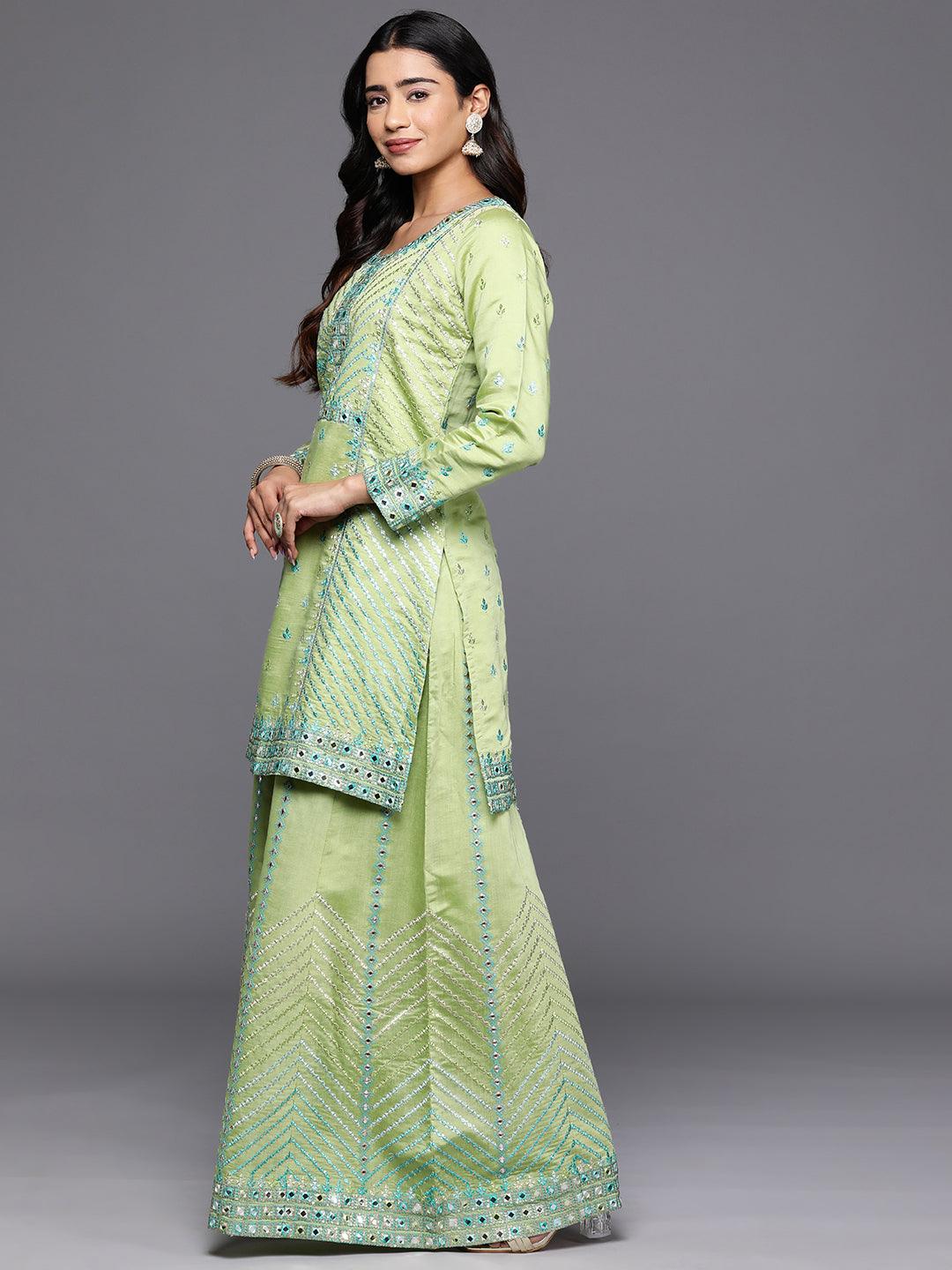 Libas Art Green Embroidered Silk Blend Straight Suit With Dupatta