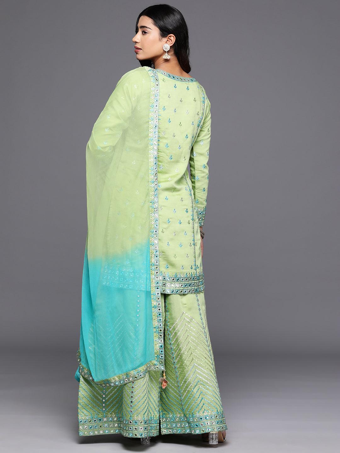 Libas Art Green Embroidered Silk Blend Straight Suit With Dupatta