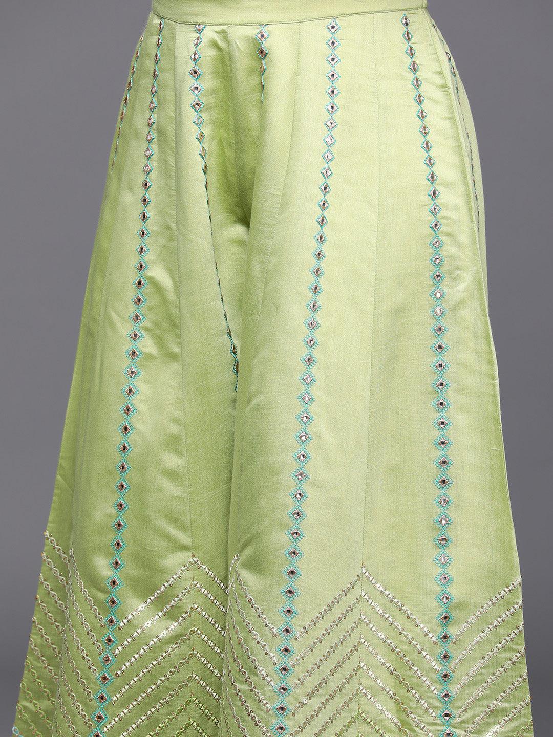 Libas Art Green Embroidered Silk Blend Straight Suit With Dupatta