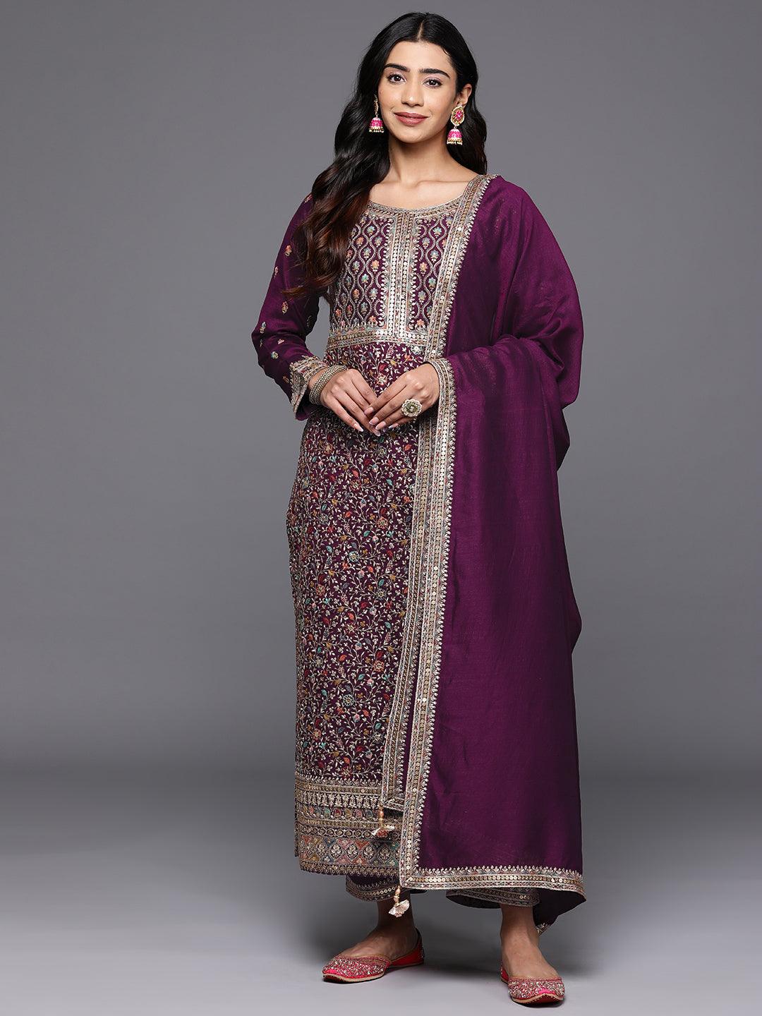 Libas Art Wine Embroidered Silk Blend Straight Suit With Dupatta