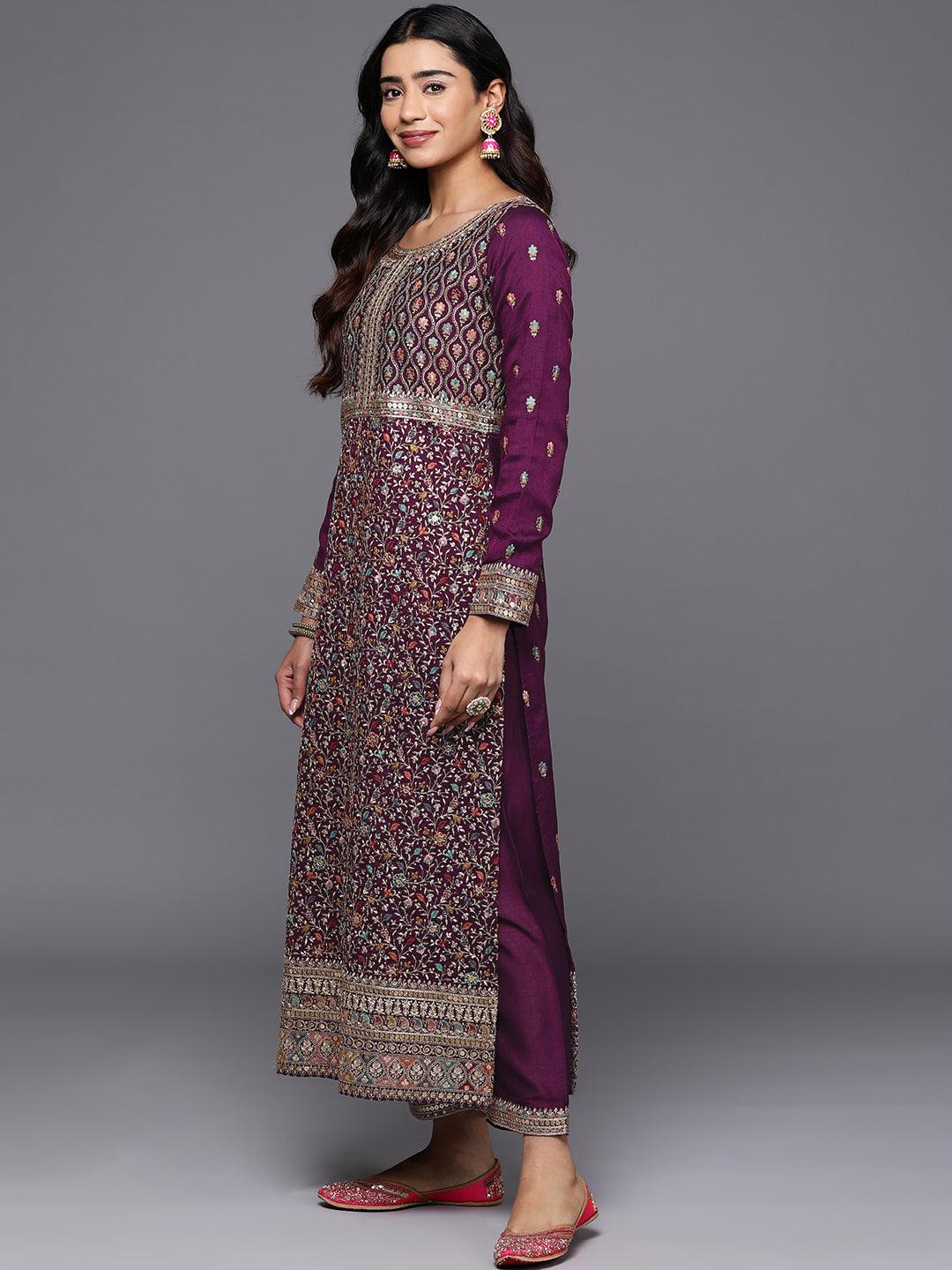 Libas Art Wine Embroidered Silk Blend Straight Suit With Dupatta