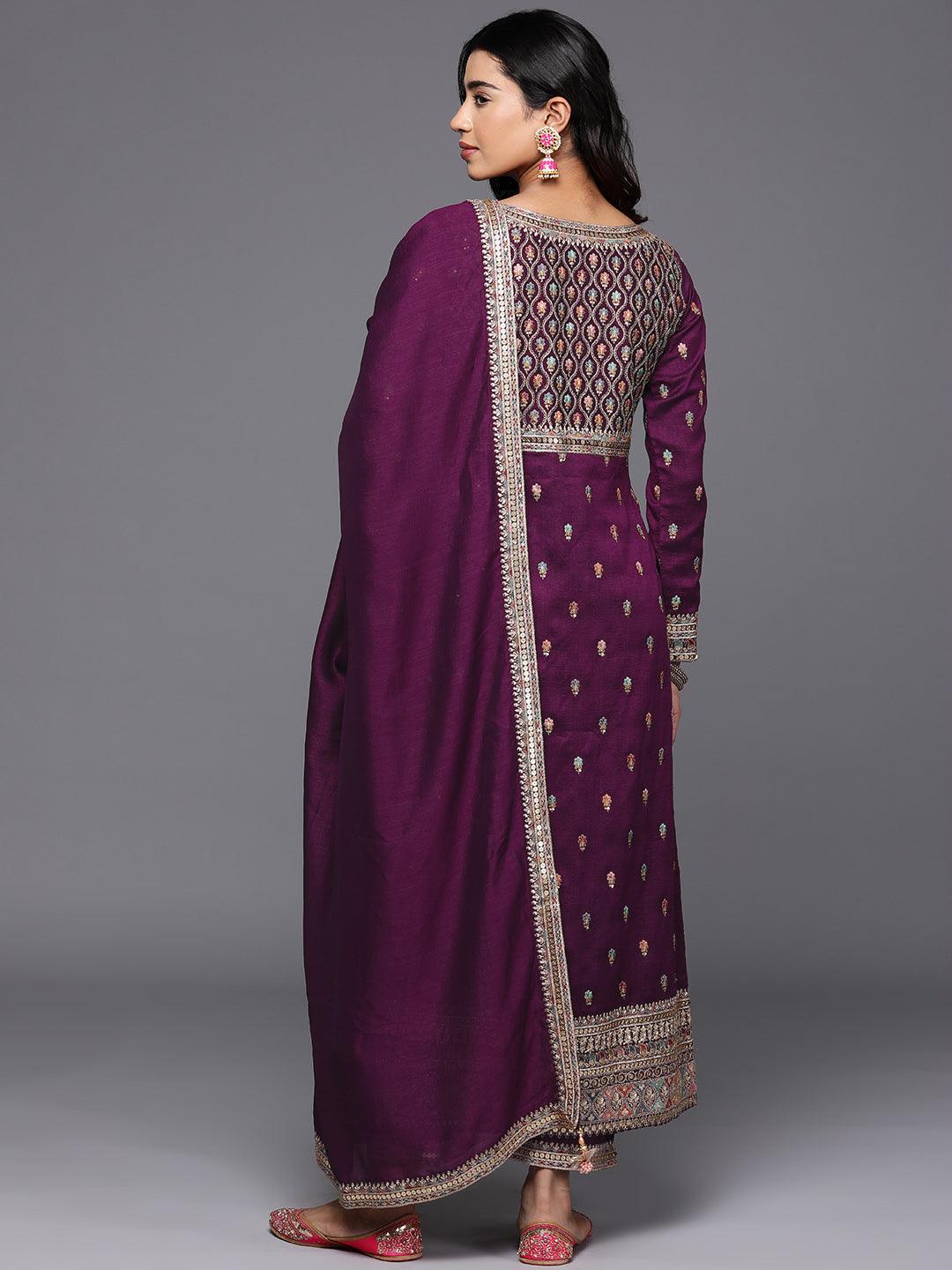 Libas Art Wine Embroidered Silk Blend Straight Suit With Dupatta