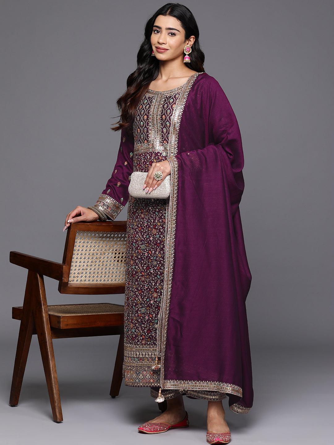 Libas Art Wine Embroidered Silk Blend Straight Suit With Dupatta