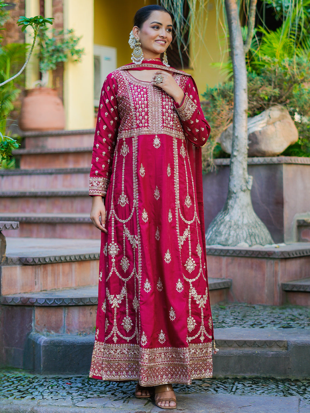 Libas Art Pink Embroidered Silk Blend A-Line Kurta With Trousers & Dupatta