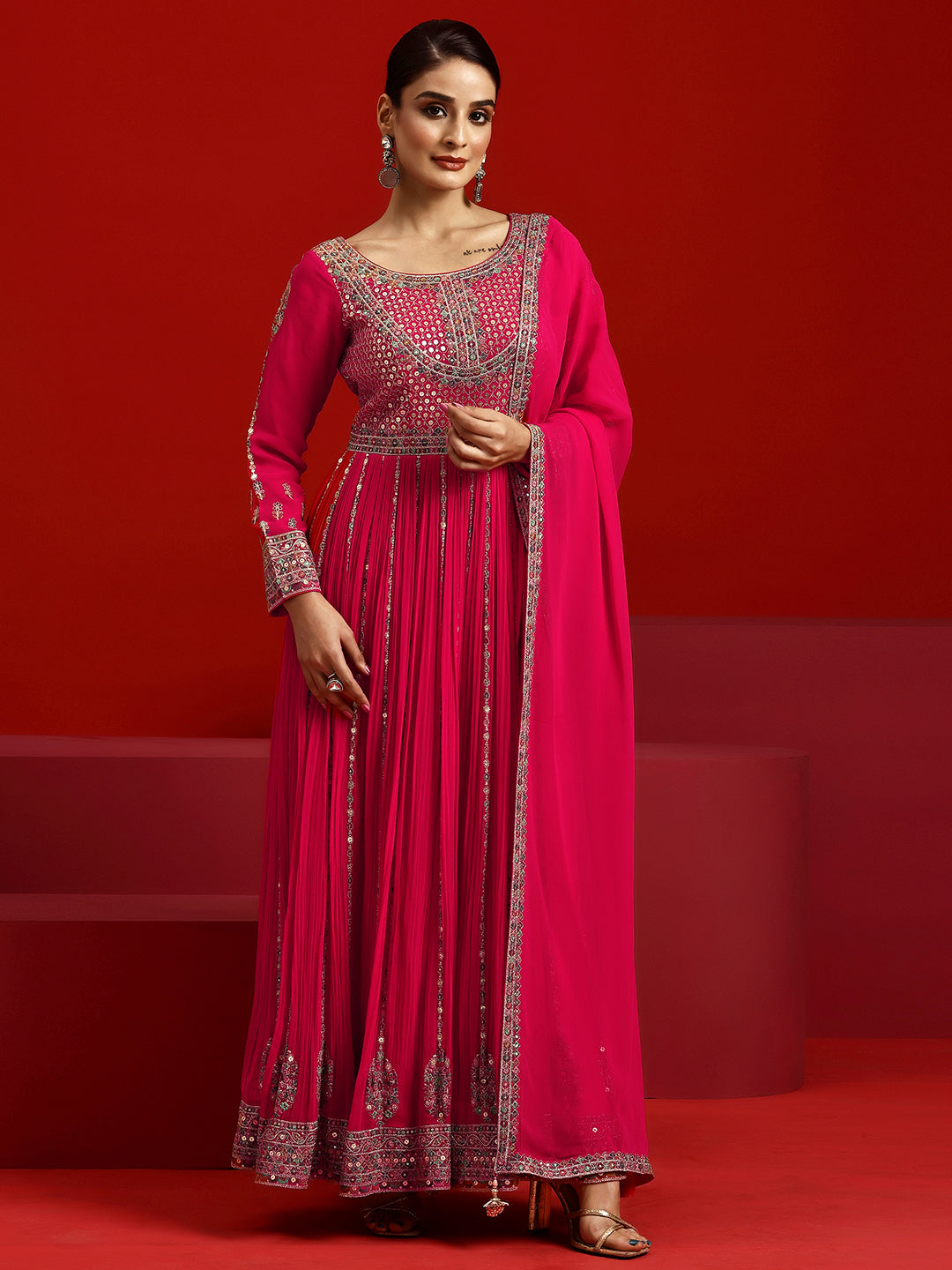 Libas Art Pink Embroidered Georgette A-Line Kurta With Trousers & Dupatta