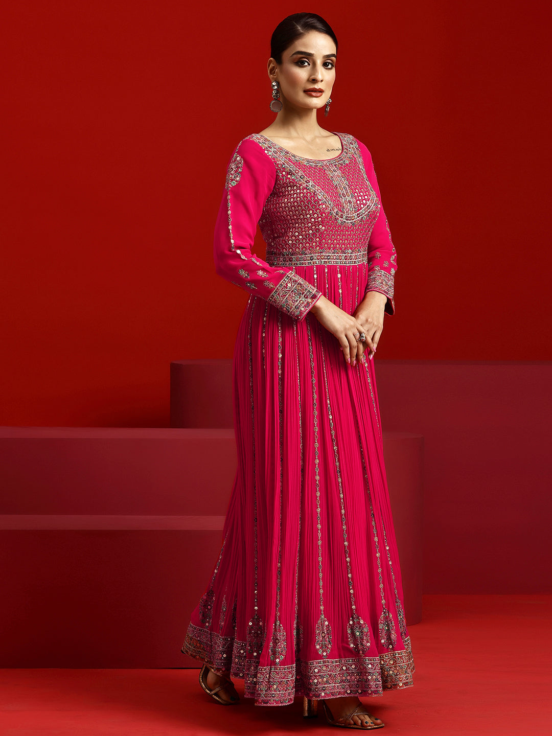 Libas Art Pink Embroidered Georgette A-Line Kurta With Trousers & Dupatta