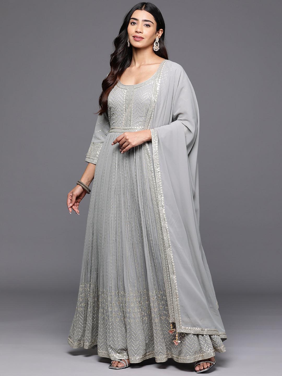 Libas Art Grey Embroidered Georgette Anarkali Suit With Dupatta