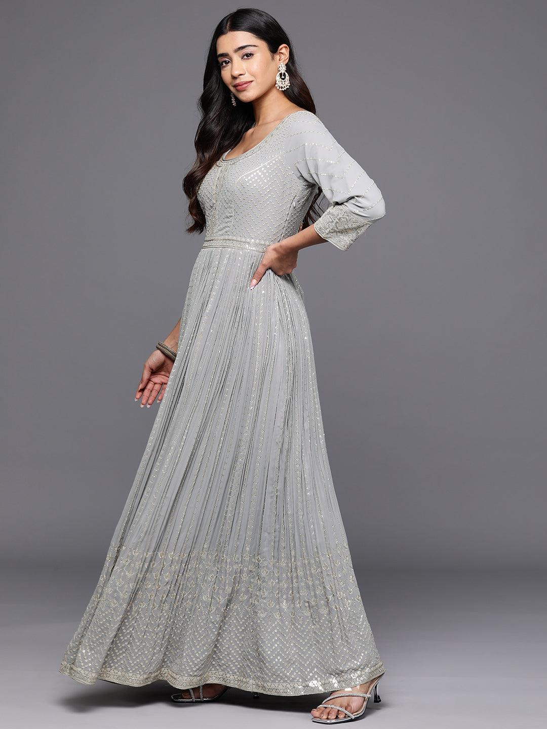 Libas Art Grey Embroidered Georgette Anarkali Suit With Dupatta