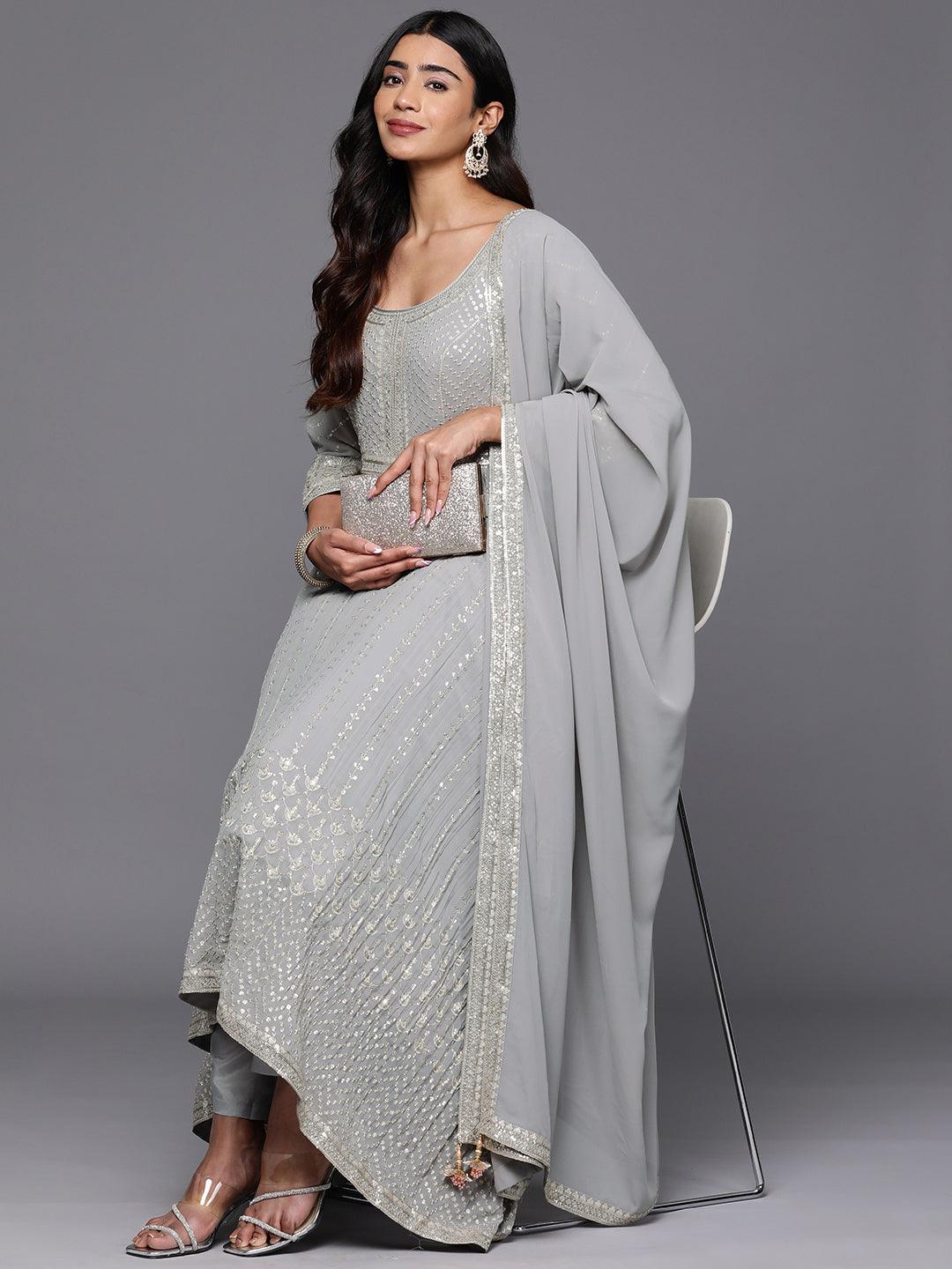 Libas Art Grey Embroidered Georgette Anarkali Suit With Dupatta