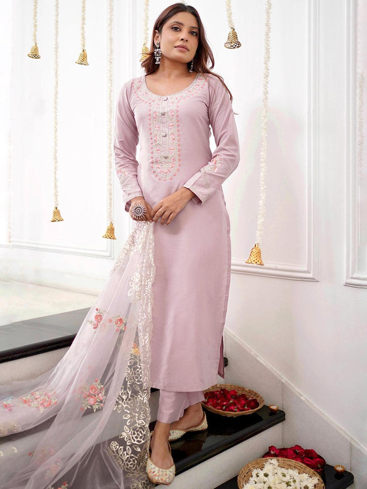 Mauve Yoke Design Silk Blend Straight Kurta With Trousers & Dupatta - ShopLibas