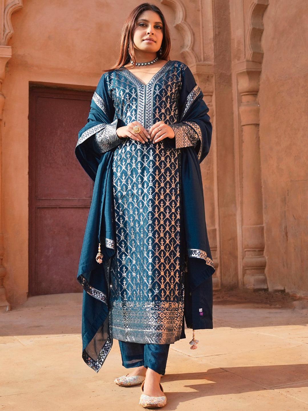 Teal Embroidered Silk Blend Straight Kurta With Trousers & Dupatta - ShopLibas