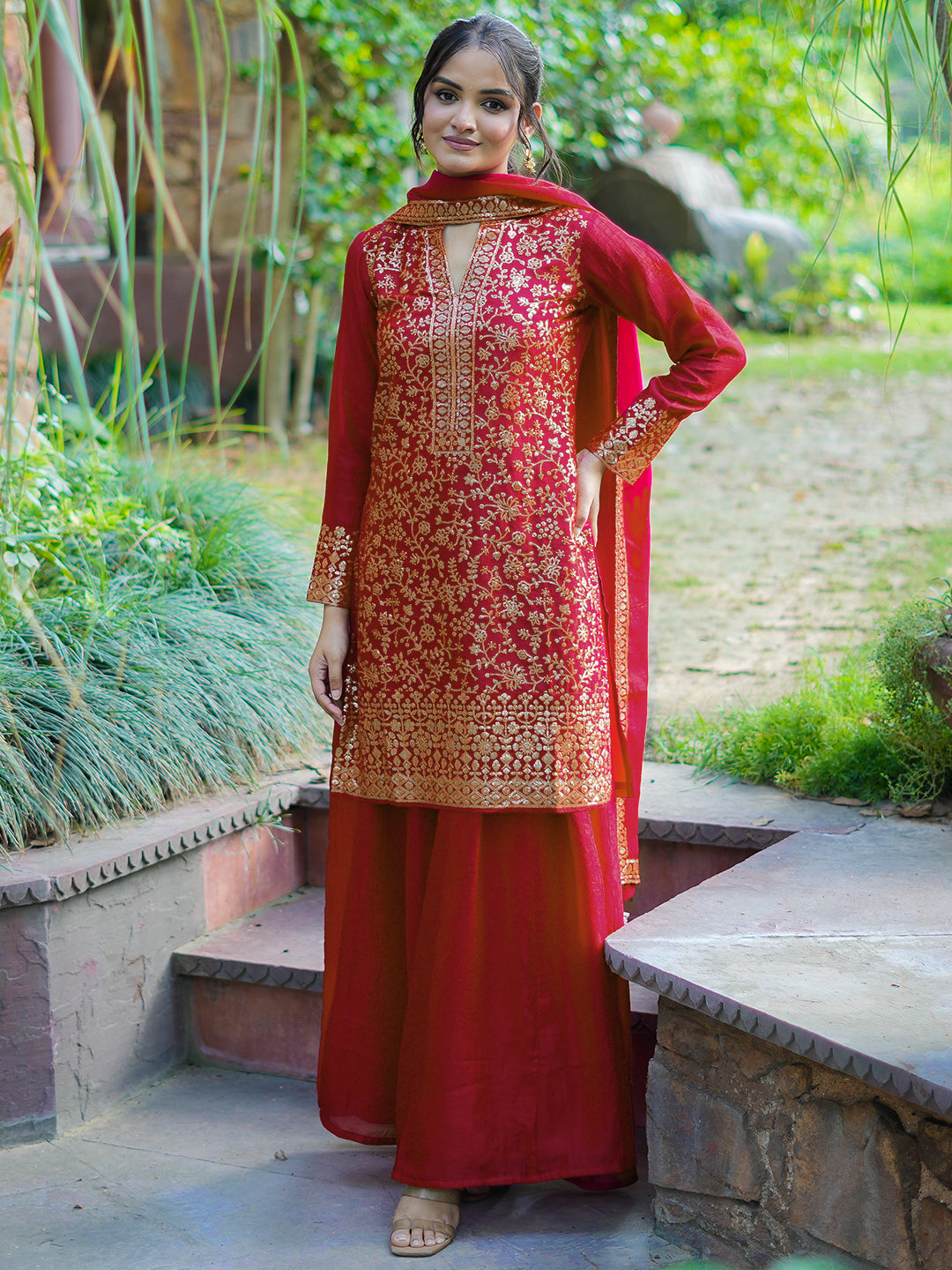 Libas Art Red Self Design Silk Blend Straight Suit With Dupatta