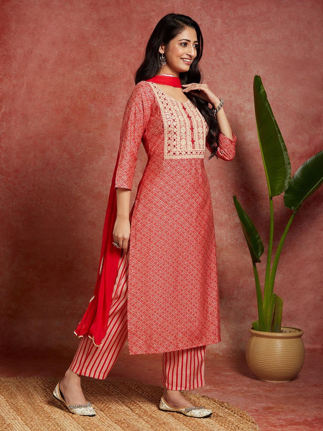 Coral Printed Silk Blend Straight Suit With Dupatta