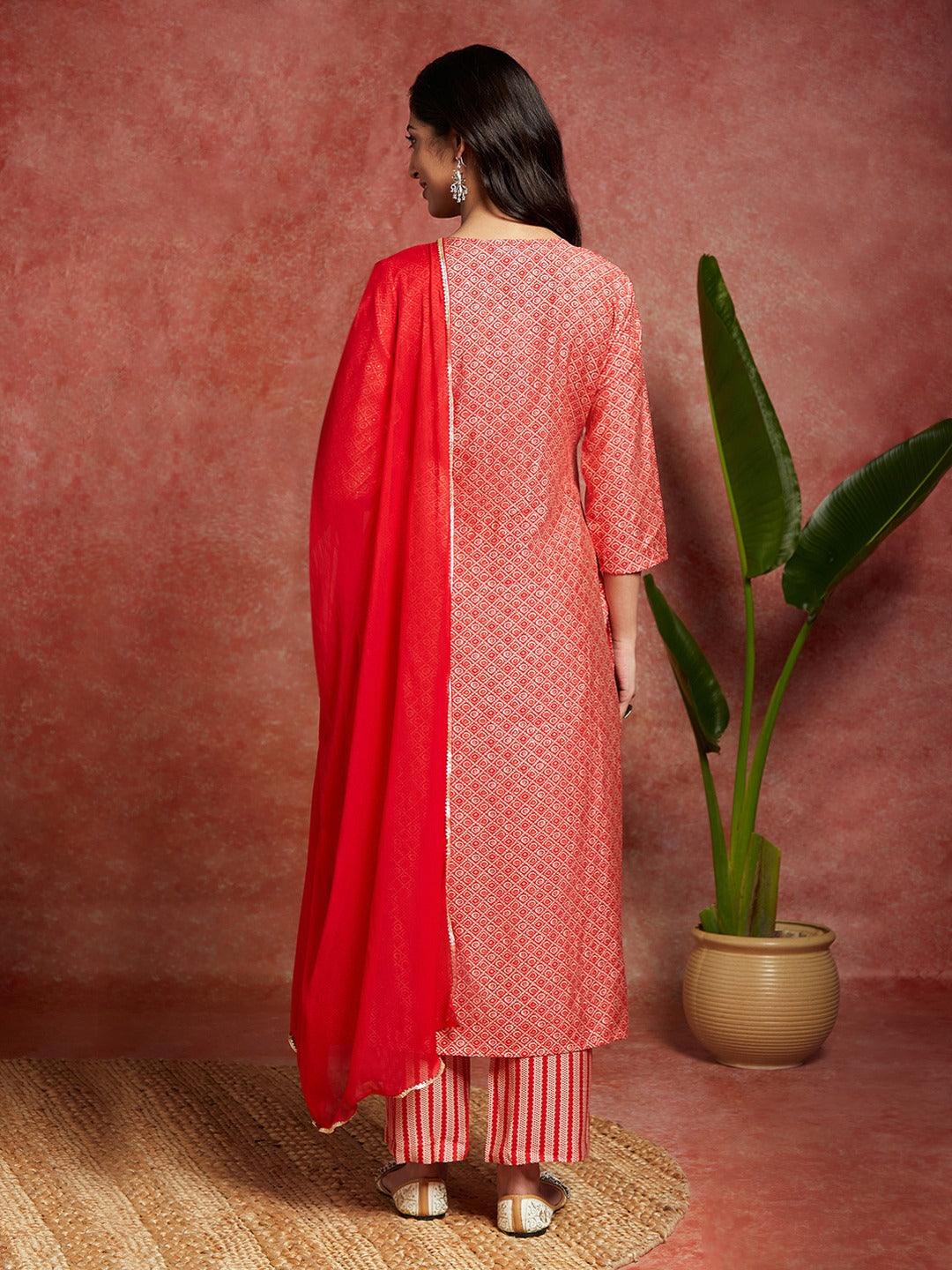 Coral Printed Silk Blend Straight Kurta With Palazzos & Dupatta - ShopLibas