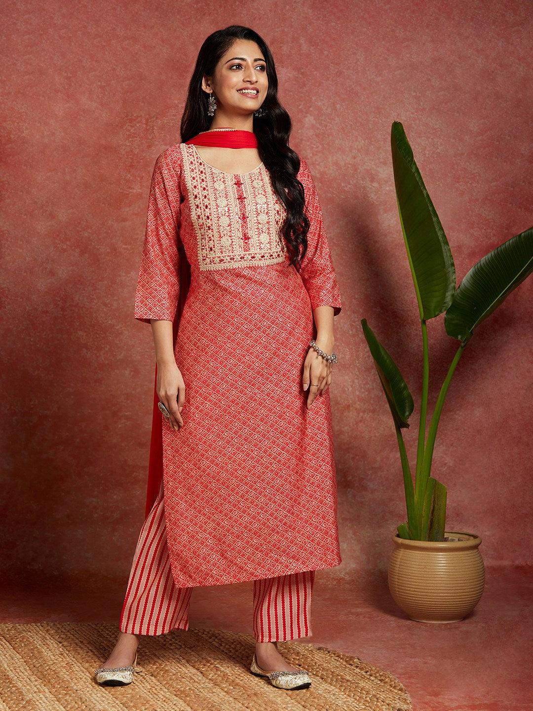 Coral Printed Silk Blend Straight Suit With Dupatta