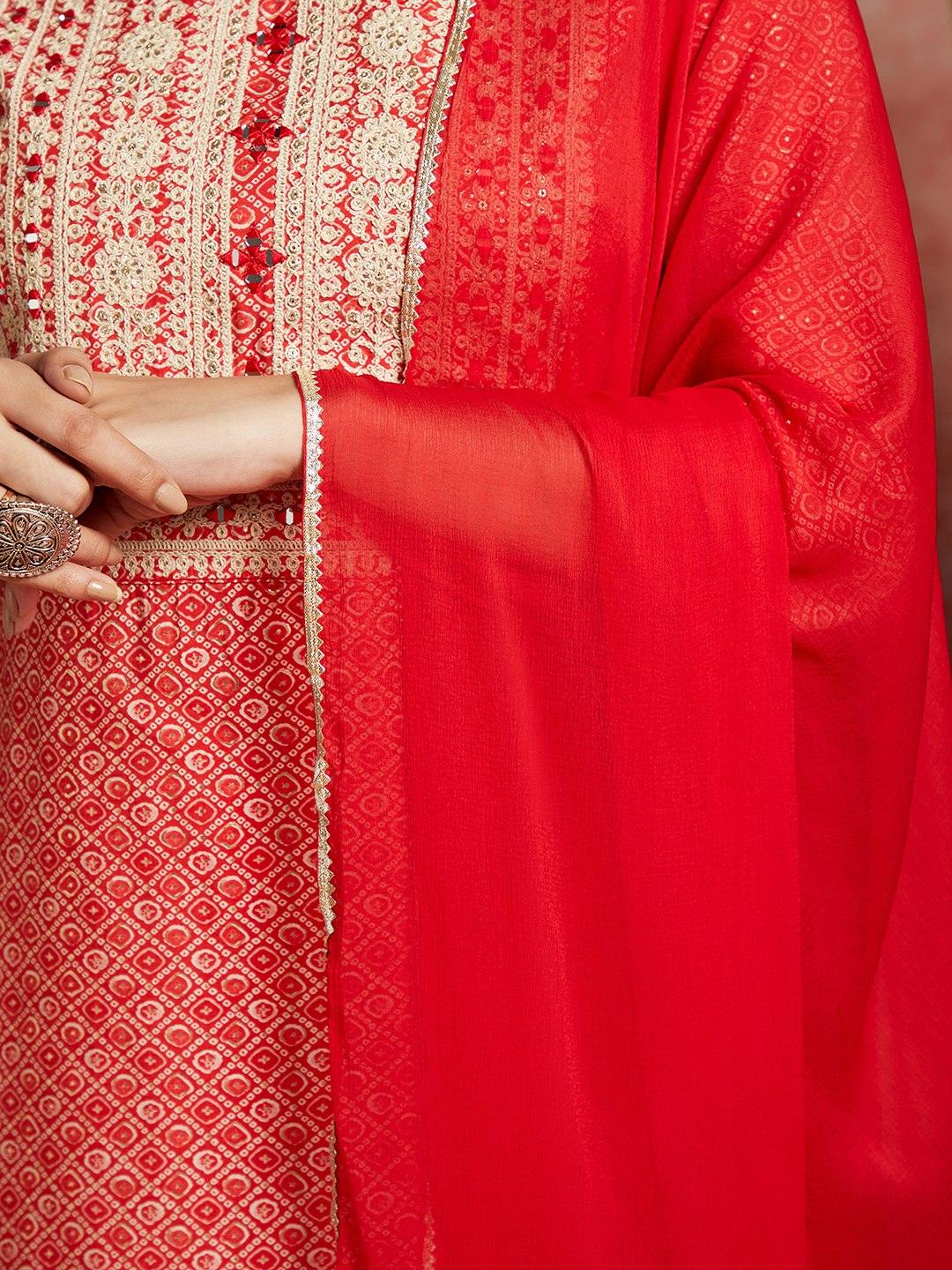 Coral Printed Silk Blend Straight Suit With Dupatta