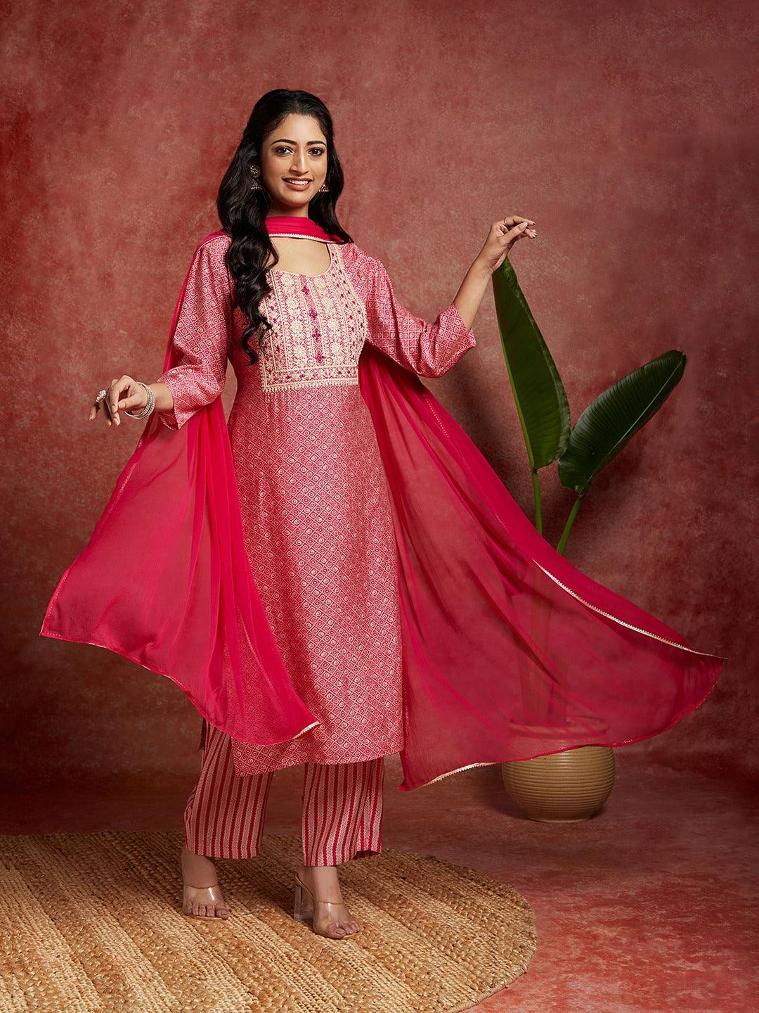 Pink Printed Silk Blend Straight Suit With Dupatta