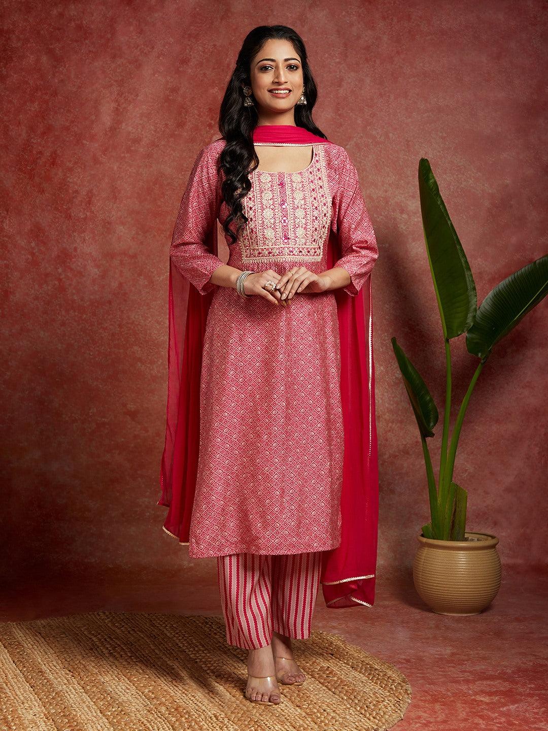 Pink Printed Silk Blend Straight Suit With Dupatta