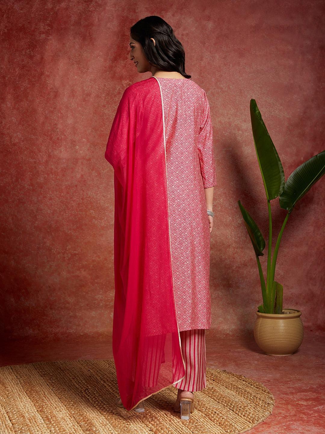 Pink Printed Silk Blend Straight Kurta With Palazzos & Dupatta - ShopLibas