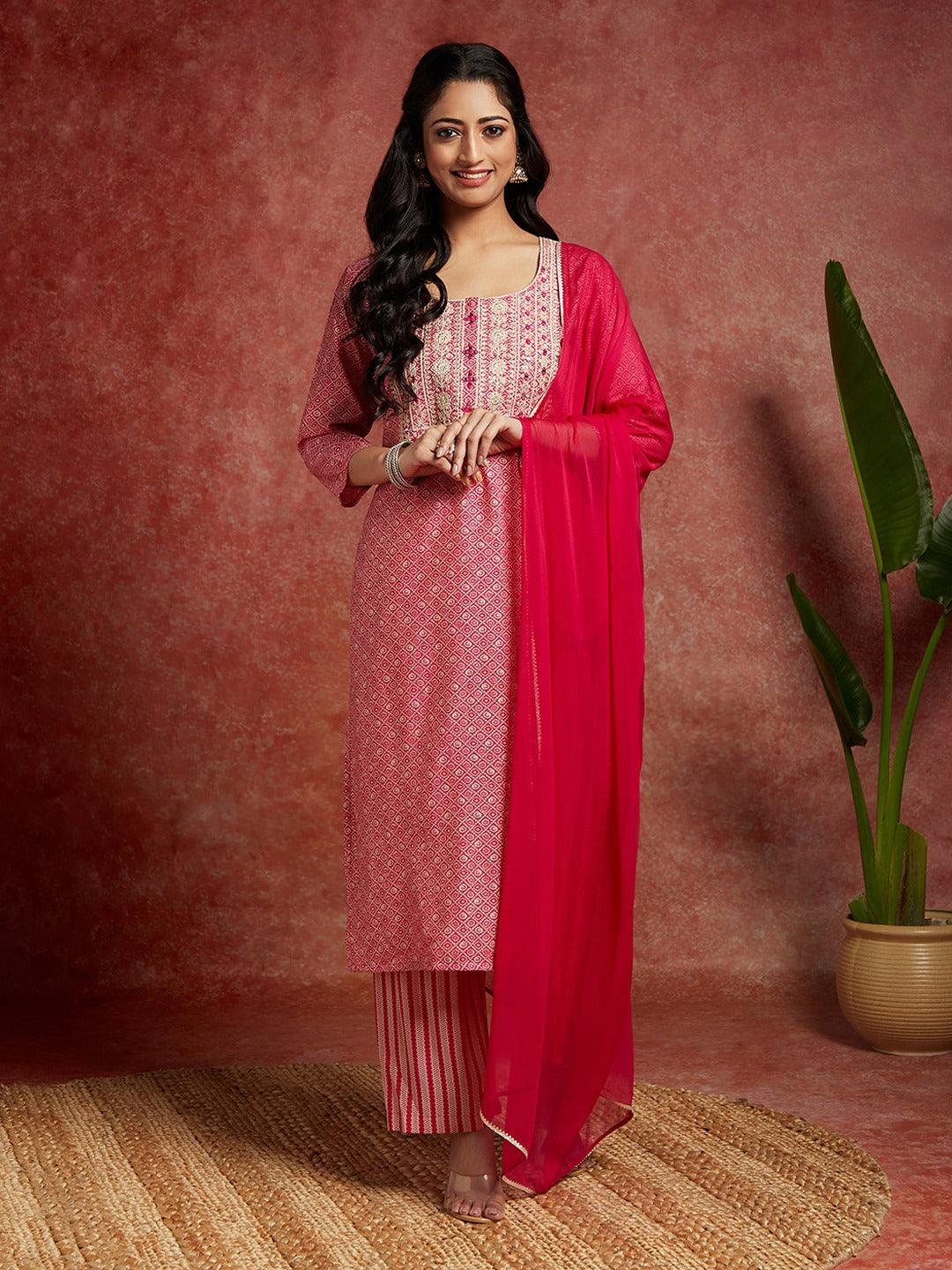 Pink Printed Silk Blend Straight Kurta With Palazzos & Dupatta - ShopLibas