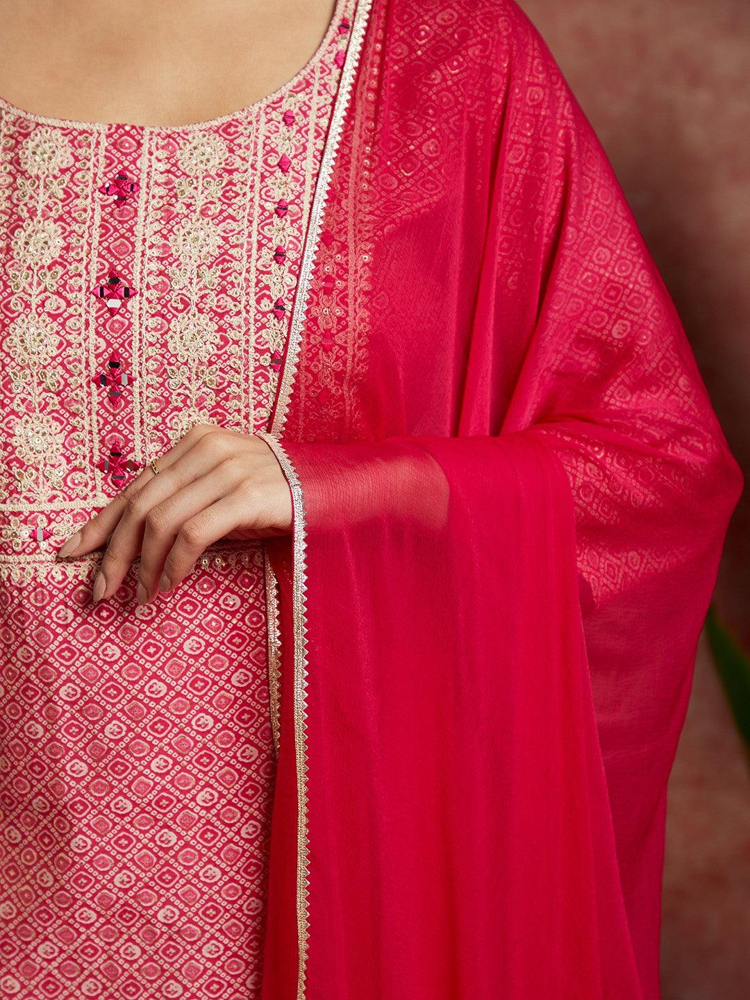 Pink Printed Silk Blend Straight Suit With Dupatta