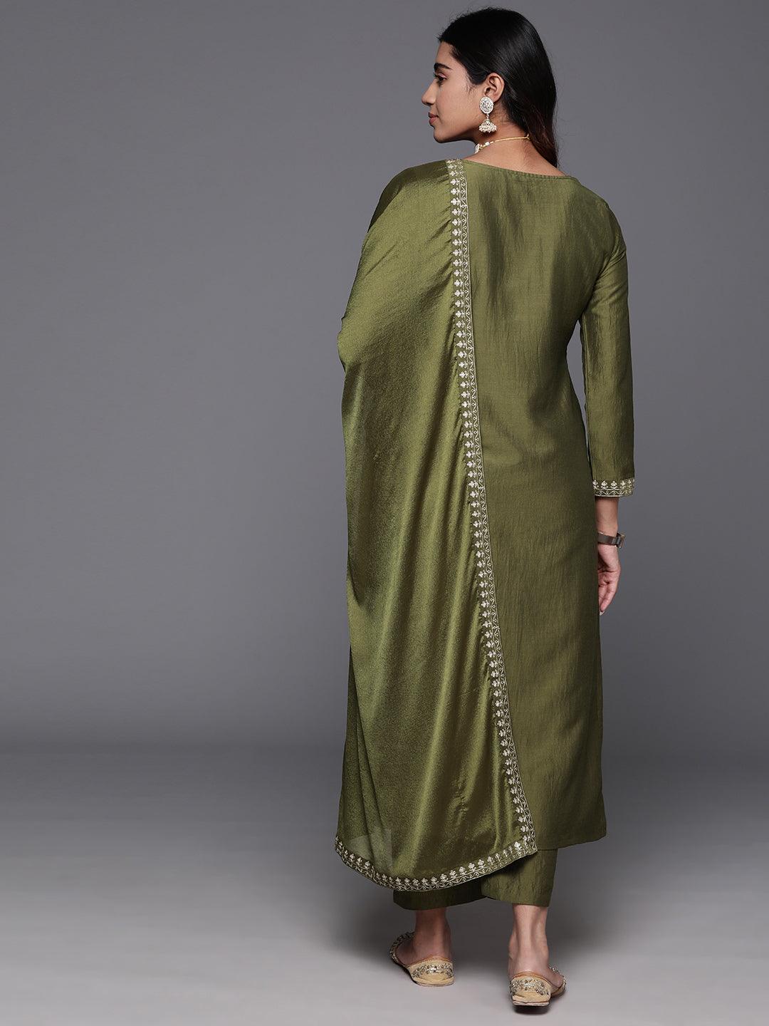 Olive Yoke Design Silk Blend Straight Kurta With Trousers & Dupatta - ShopLibas