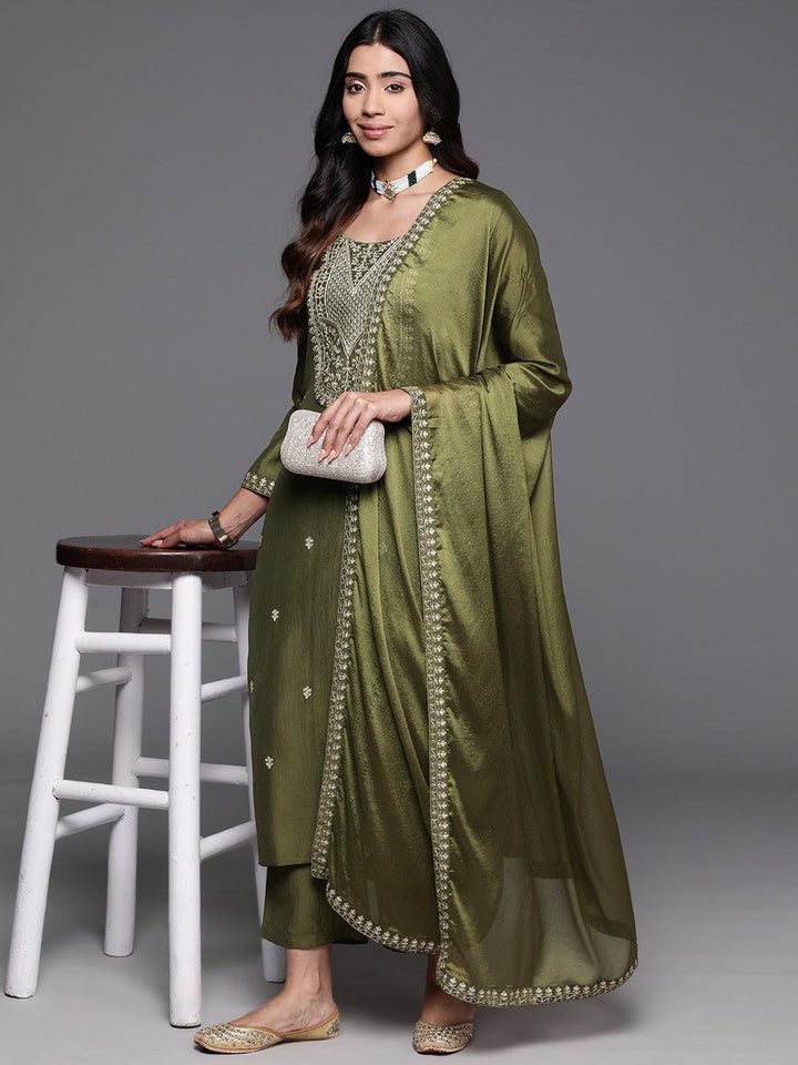 Olive Yoke Design Silk Blend Straight Kurta With Trousers & Dupatta - ShopLibas