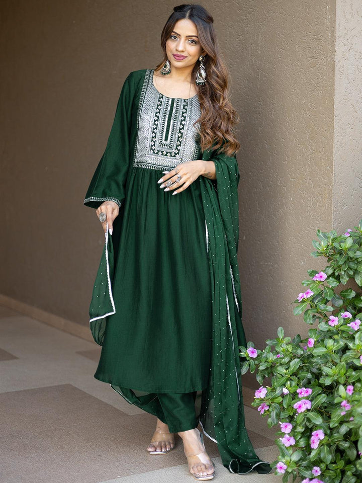 Green Yoke Design Silk Blend A-Line Kurta With Trousers & Dupatta - ShopLibas