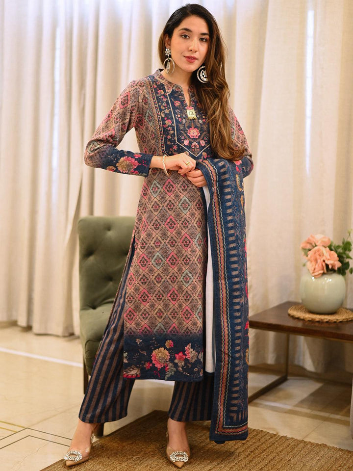 Multi Printed Wool Blend Straight Kurta With Palazzos & Dupatta - ShopLibas