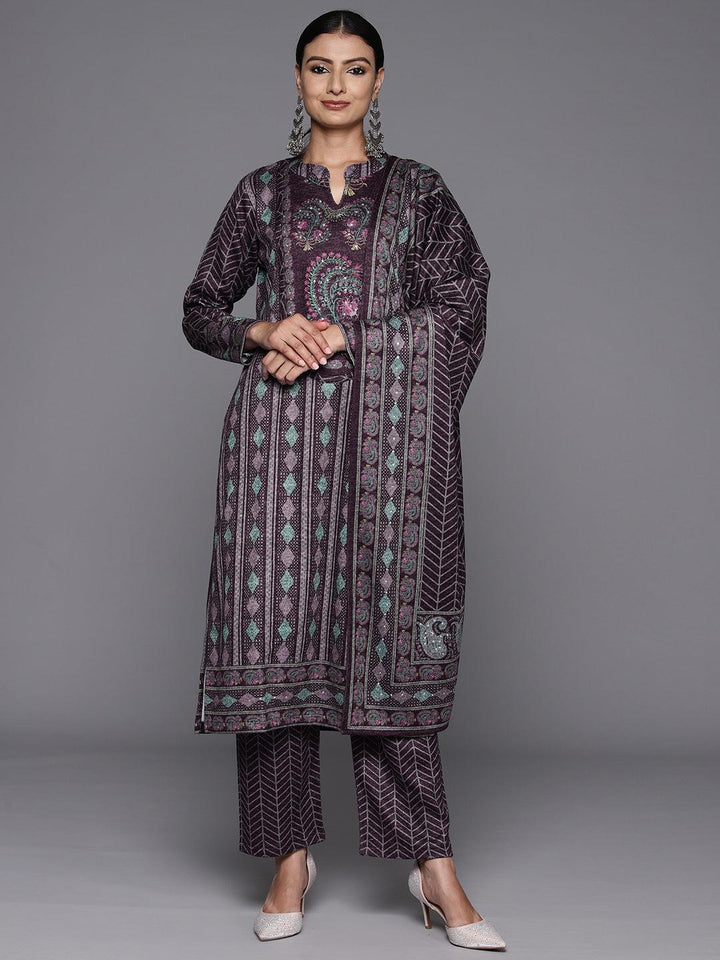 Purple Printed Wool Blend Straight Kurta With Palazzos & Dupatta - ShopLibas