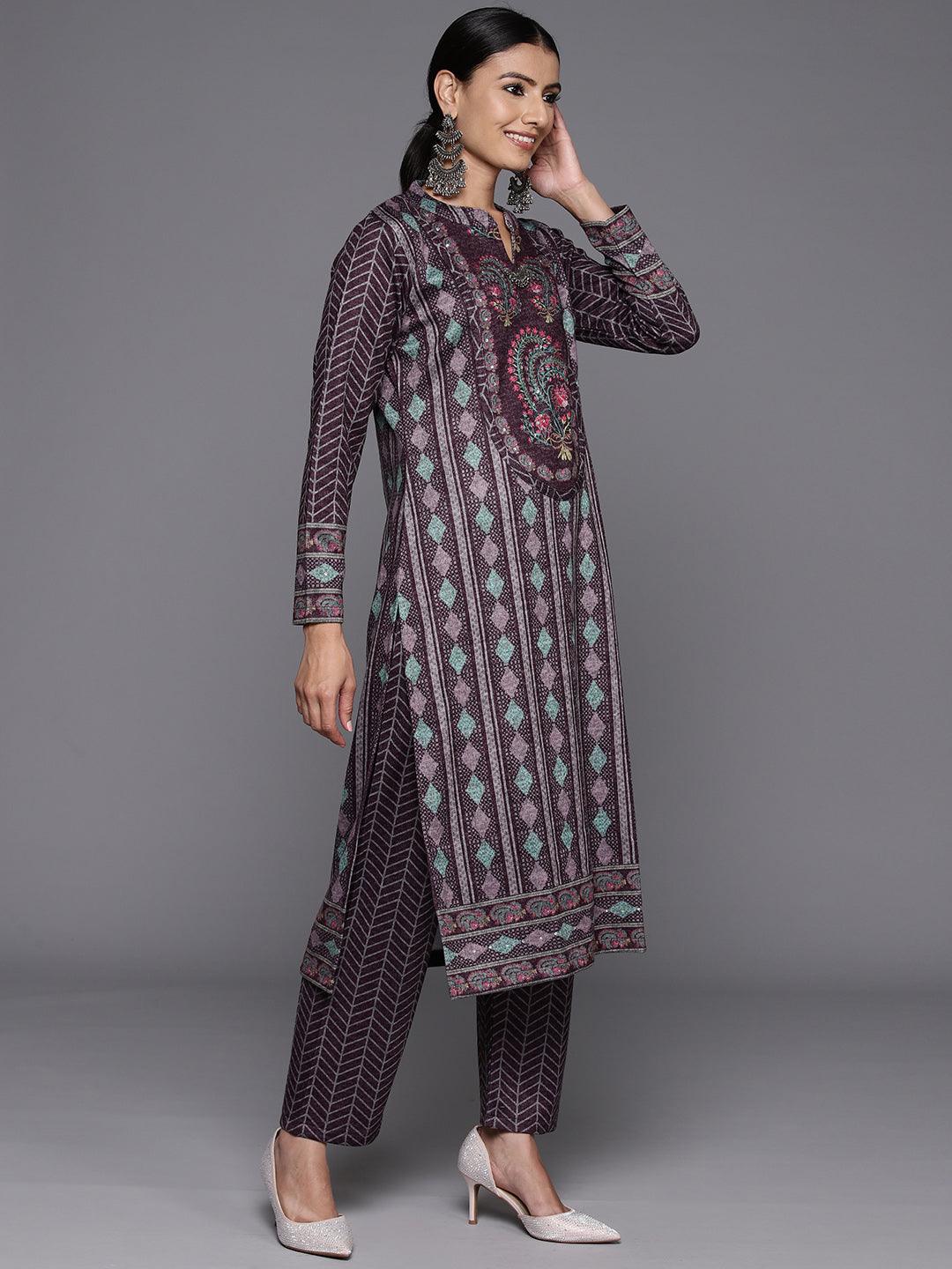 Purple Printed Wool Blend Straight Kurta With Palazzos & Dupatta - ShopLibas