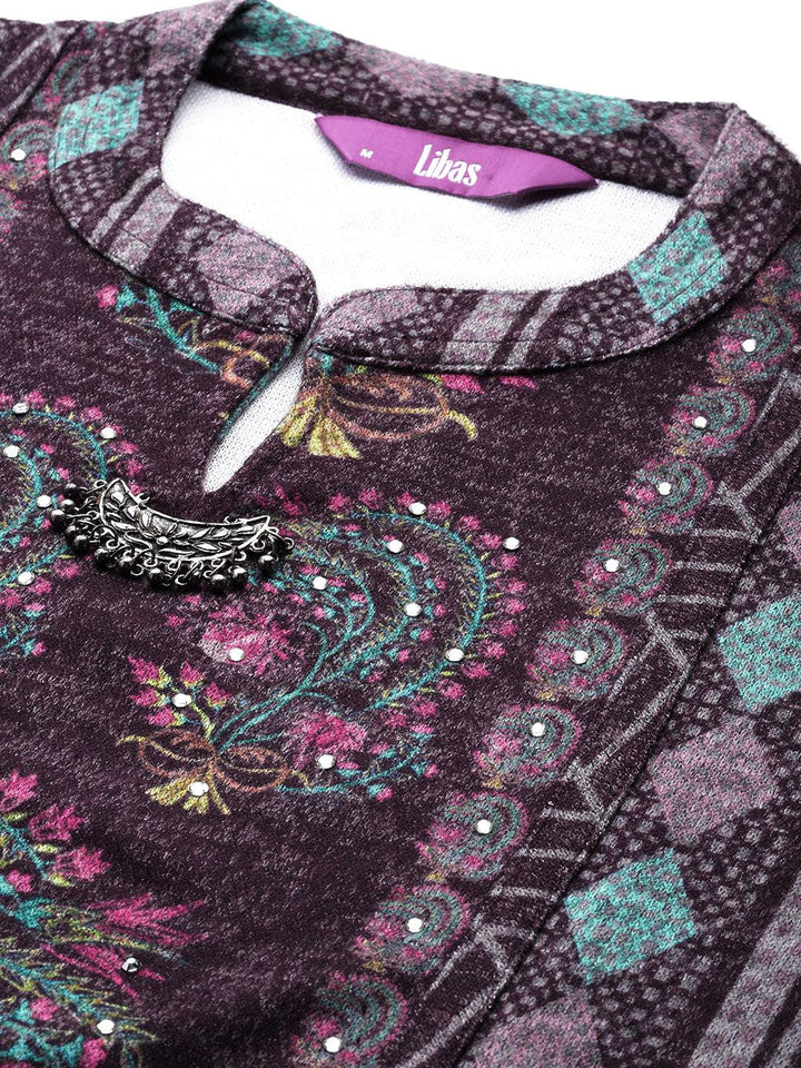 Purple Printed Wool Blend Straight Kurta With Palazzos & Dupatta - ShopLibas