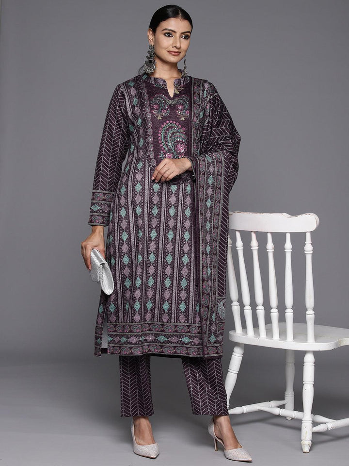 Purple Printed Wool Blend Straight Kurta With Palazzos & Dupatta - ShopLibas