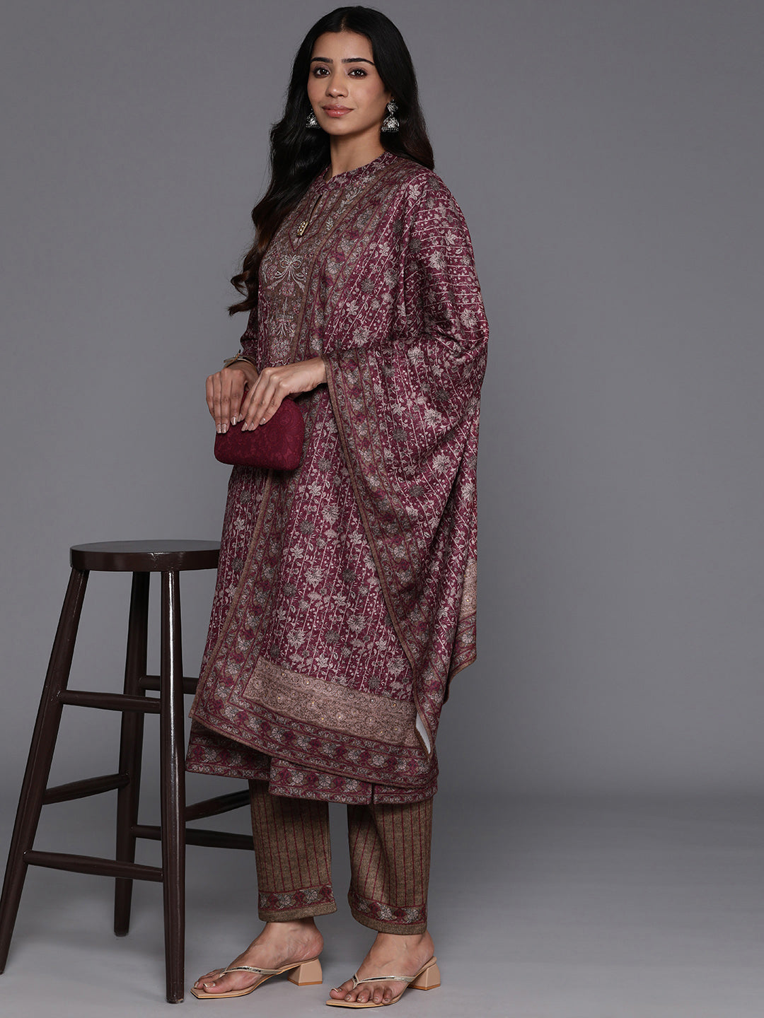 Maroon Printed Wool Blend Straight Suit With Dupatta