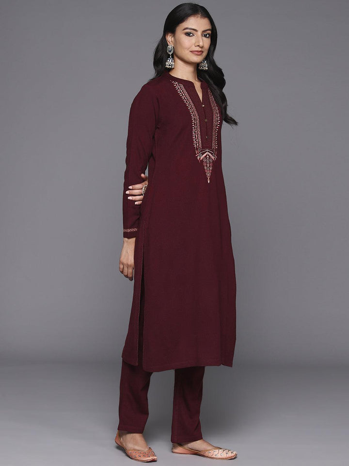 Maroon Yoke Design Wool Blend Straight Kurta With Palazzos & Dupatta - ShopLibas