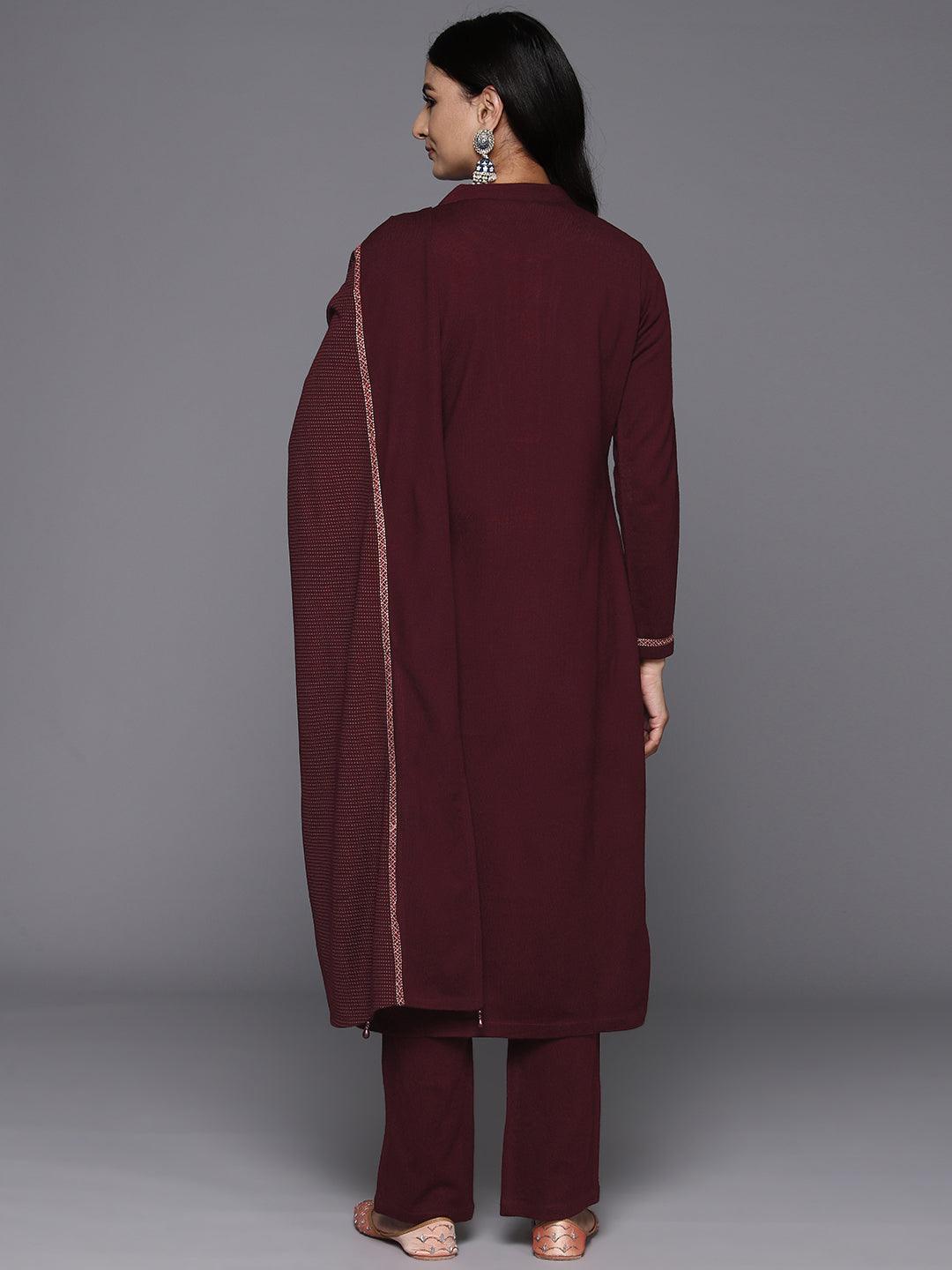 Maroon Yoke Design Wool Blend Straight Kurta With Palazzos & Dupatta - ShopLibas