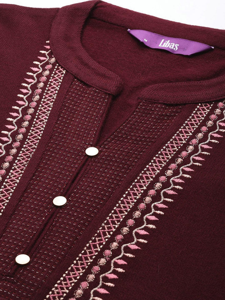 Maroon Yoke Design Wool Blend Straight Kurta With Palazzos & Dupatta - ShopLibas