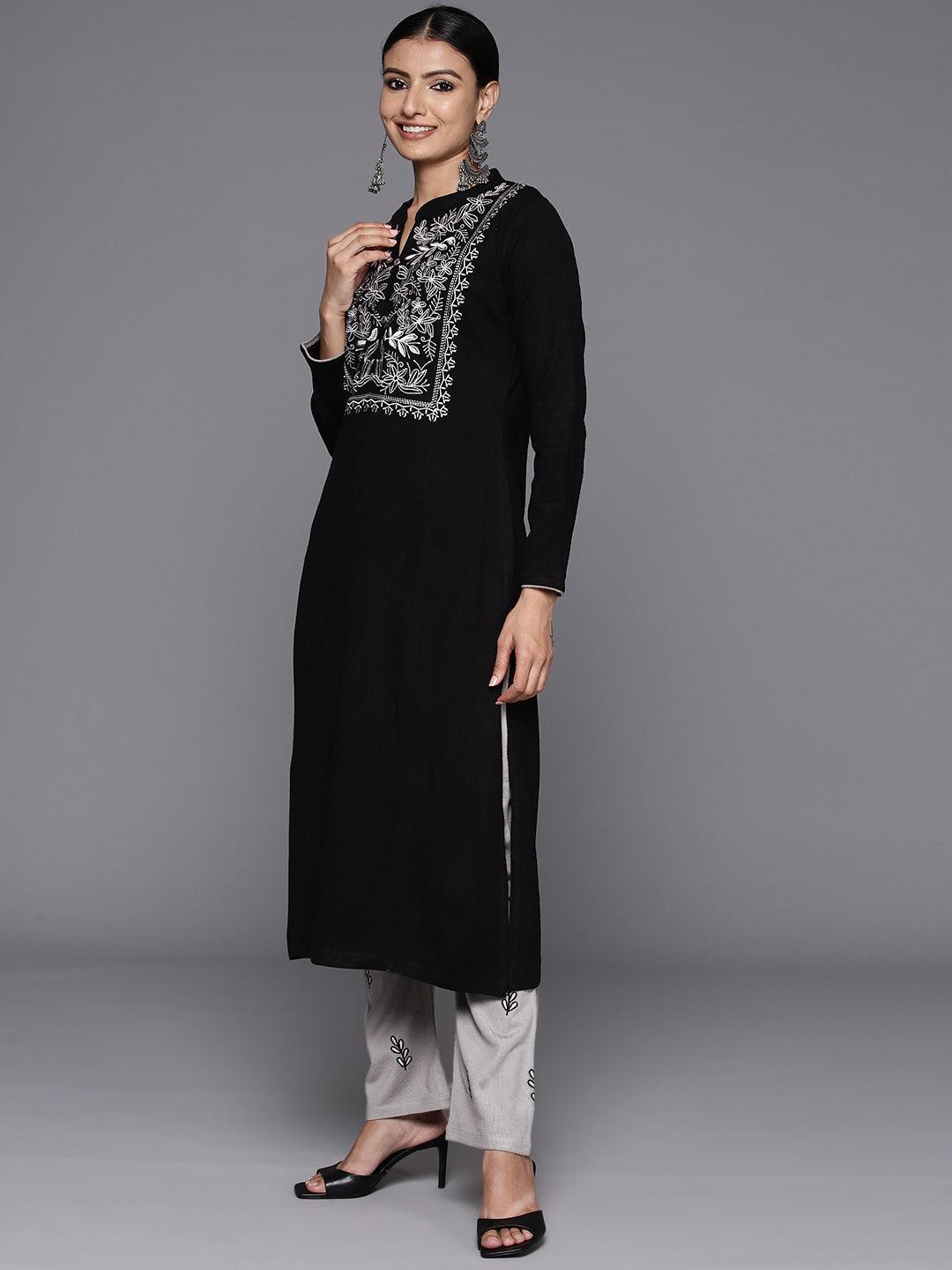 Black Yoke Design Wool Blend Straight Kurta With Palazzos & Dupatta - ShopLibas