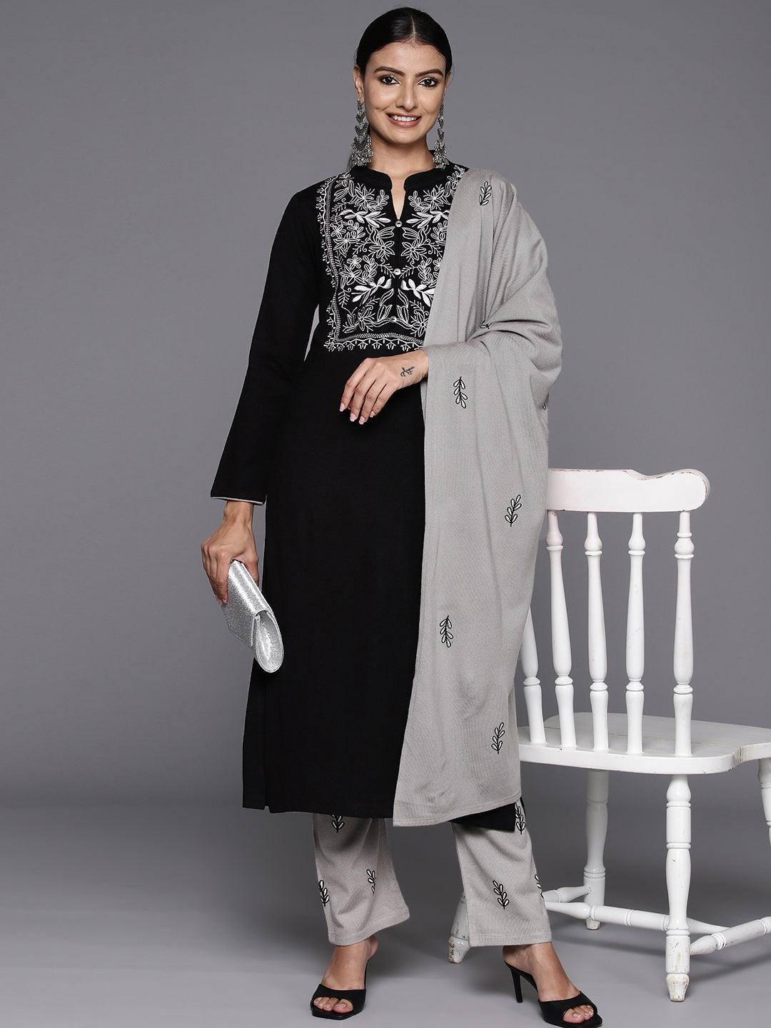 Black Yoke Design Wool Blend Straight Suit With Dupatta