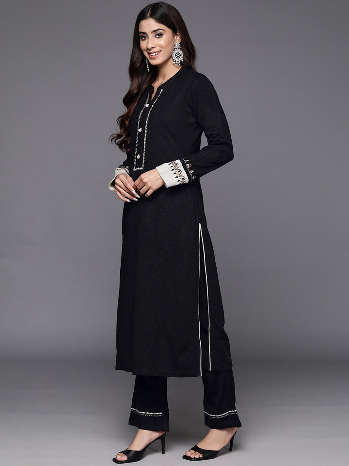 Black Yoke Design Wool Blend Straight Kurta With Palazzos & Dupatta - ShopLibas