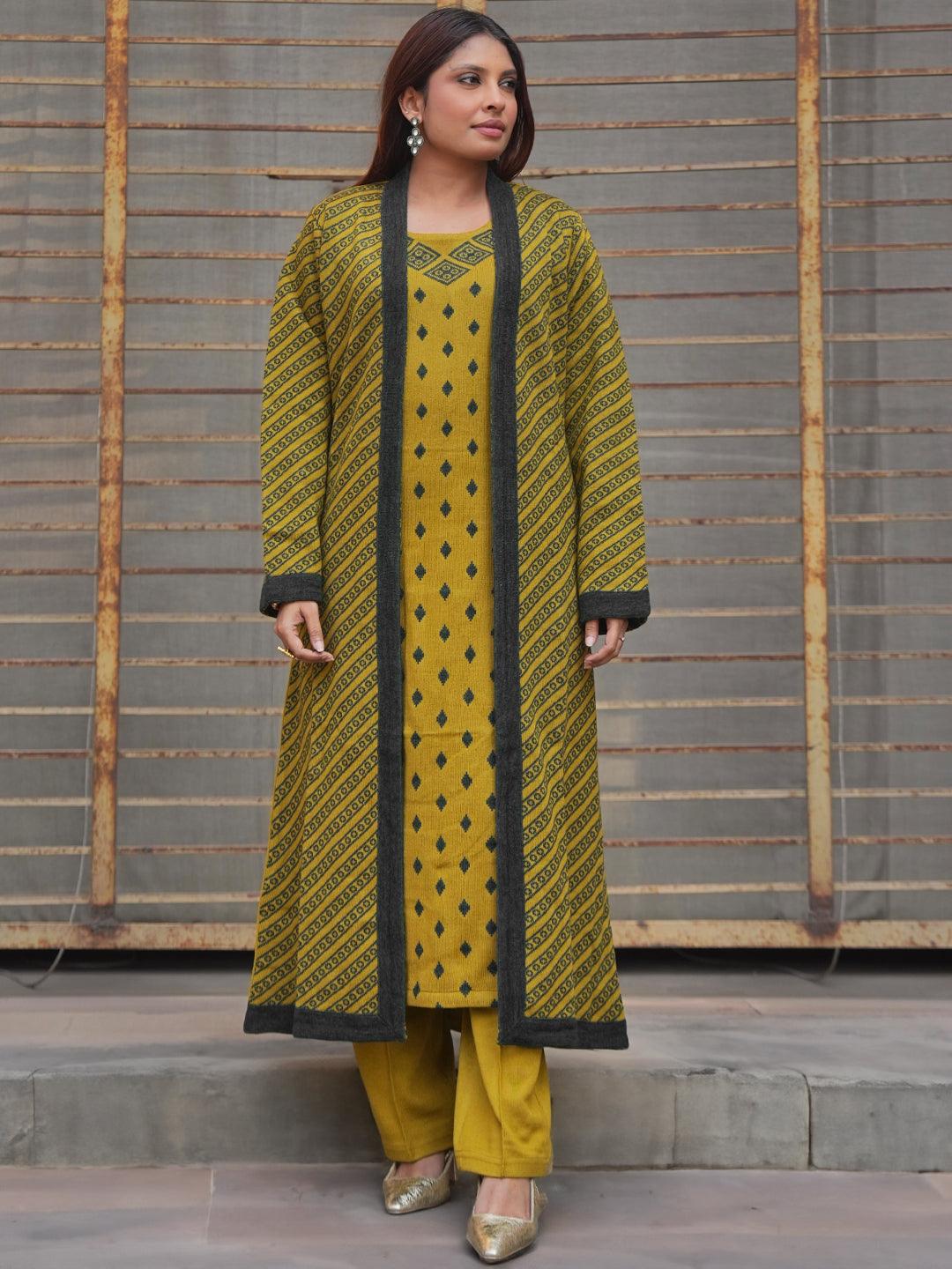 Mustard Woven Design Wool Straight Kurta With Trousers - ShopLibas