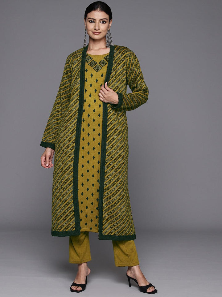 Mustard Woven Design Wool Straight Kurta With Trousers - ShopLibas